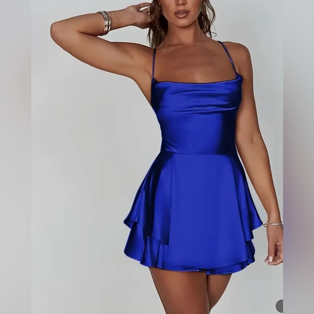 Royal Blue Satin Cowl Neck Backless Mini Dress - NWOT - Picture 4 of 5